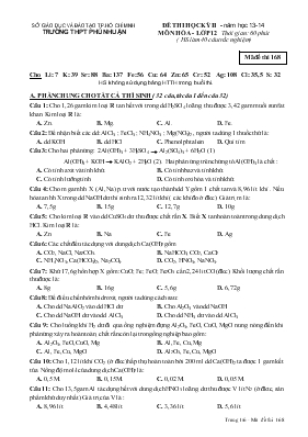 Đề thi học kỳ II - Năm học 2013- 2014 môn hóa - Lớp 12 thời gian 60 phút